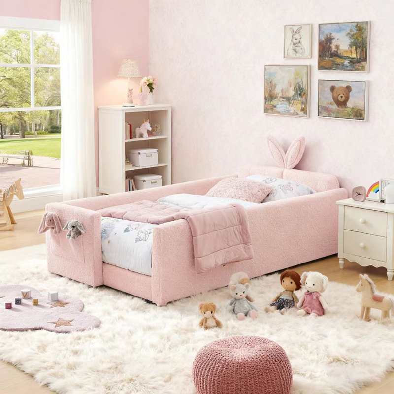 Upholstered Platform Bed With Cute Rabbit Ear Shaped Headboard, Safety Rail, And Pocket, Boucle Fabric, Pink