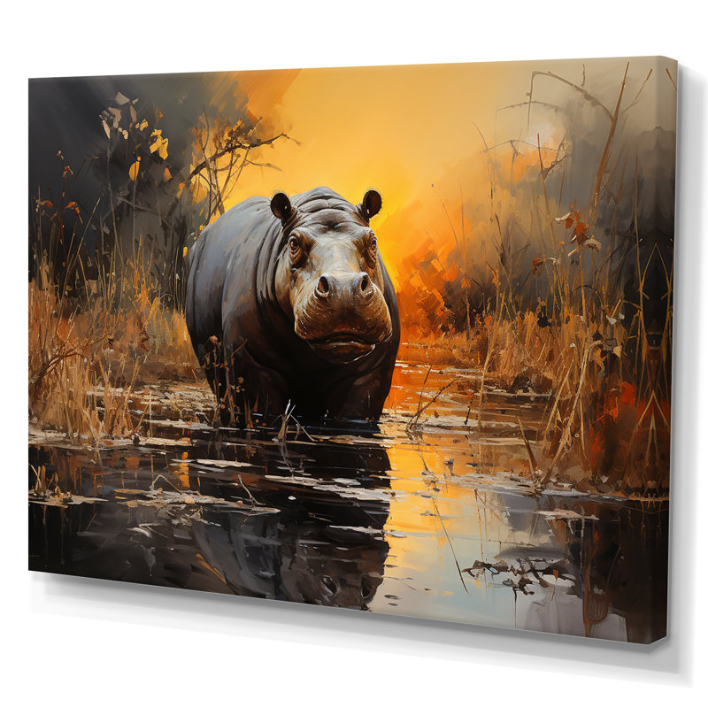 Hippopotame, roi de la savane 3 - art mural hippopotame, H 24 po x l 32 po x P 1 po, Toile tendue