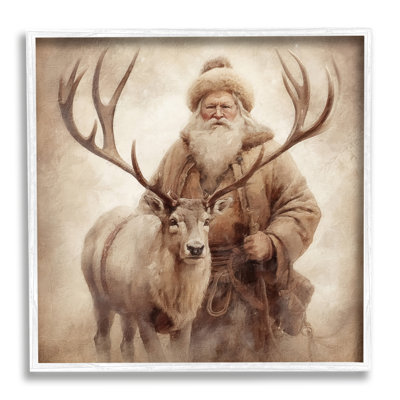 Traditional Santa & Reindeer White Framed Giclee Art by Riley B