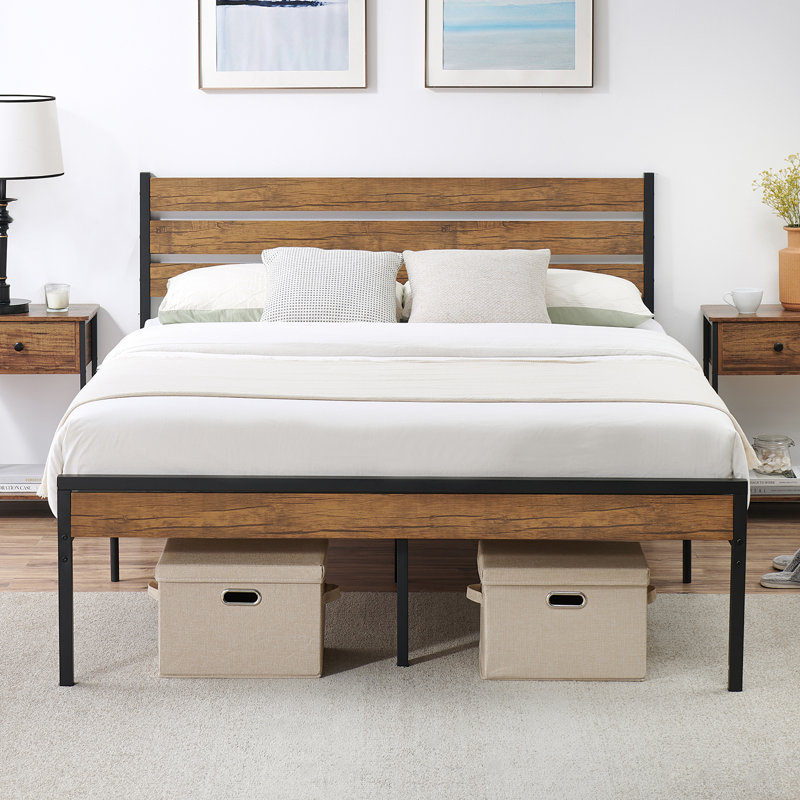Heavy-Duty Platform Bed Frame with Wood Headboard - Metal Slat Support, Underbed Storage, No Box Spring Needed, Easy Assembly -  190x130x100 cm
