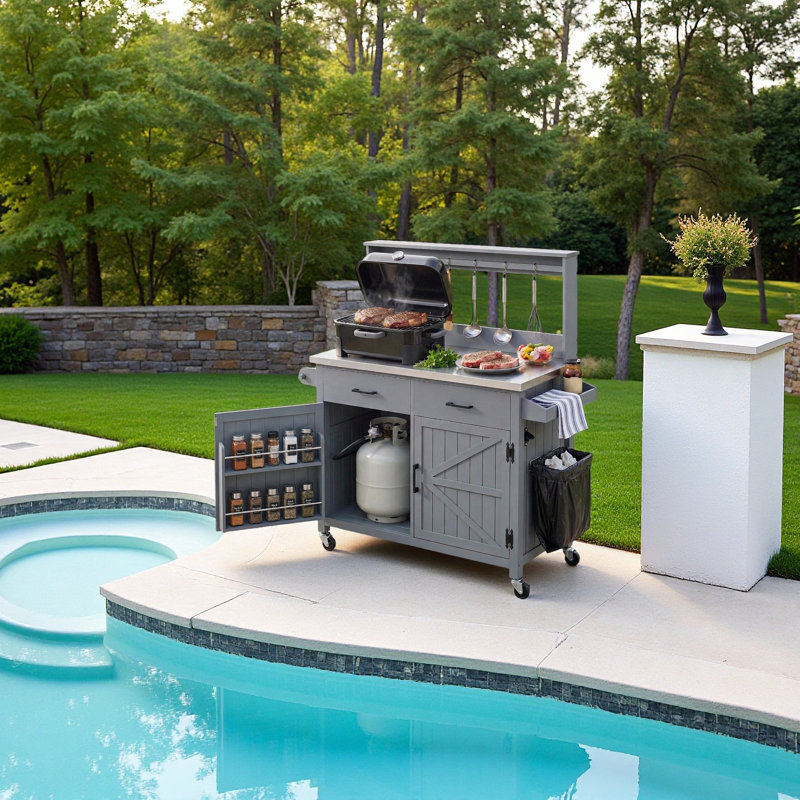 Outdoor Kitchen Island With Stainless Steel Top And Storage Cabinet, Blue/Gray