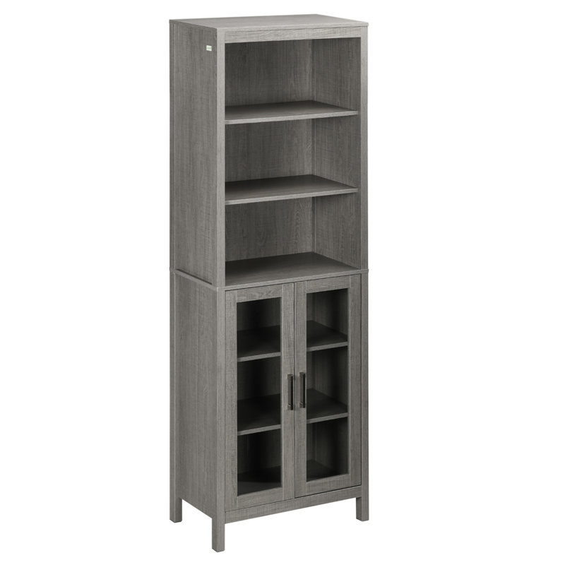 Grande armoire de rangement pour salle de bain avec tablette à 3 niveaux, armoire en verre, tour de lin autoportante avec tablettes réglables, grain de bois gris
