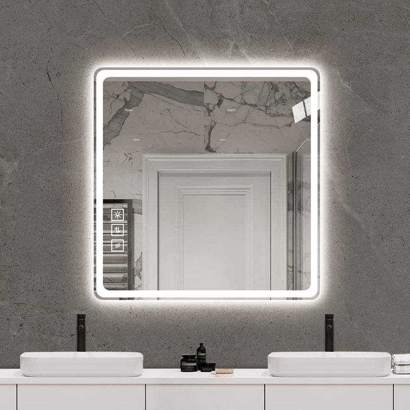 Miroir de salle de bain à DEL 36 po x 36 po - fixé au mur, brouillard, à intensité variable avec 3 boutons tactiles - cuivre de 5 mm - argent, pour la grâce