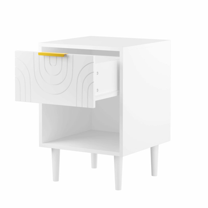22.83 Inch High White Modern Bedside Table, Single Drawer Open Shelf With Gold Accent Handle