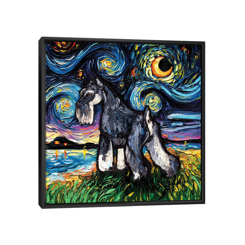 "Schnauzer Night" par aja Trèves, reproduction d’art, Pas de tapis, H 18 po x l 18 po x 1,5 po, Toile avec cadre noir