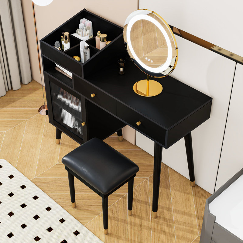 Leeandrew Vanity Desk with Drawers, Cabinet, Stool & Charging Ports, Black