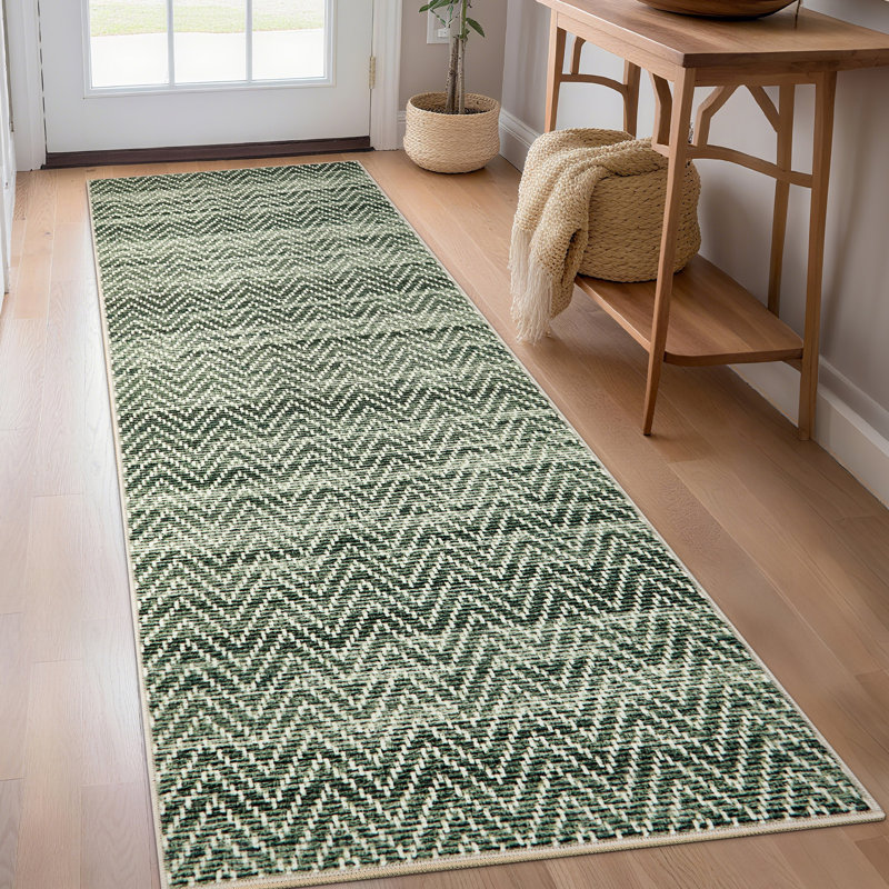 Tapis de couloir lavable rayé sans bordure 2 pi x 6 pi - Tapis antidérapant et antidérapant pour cuisine de couloir, Vert