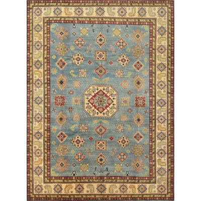Tapis oriental géométrique en laine noué à la main bleu / beige / rouge 9 pi 11 po x 13 pi 5 po Kazak