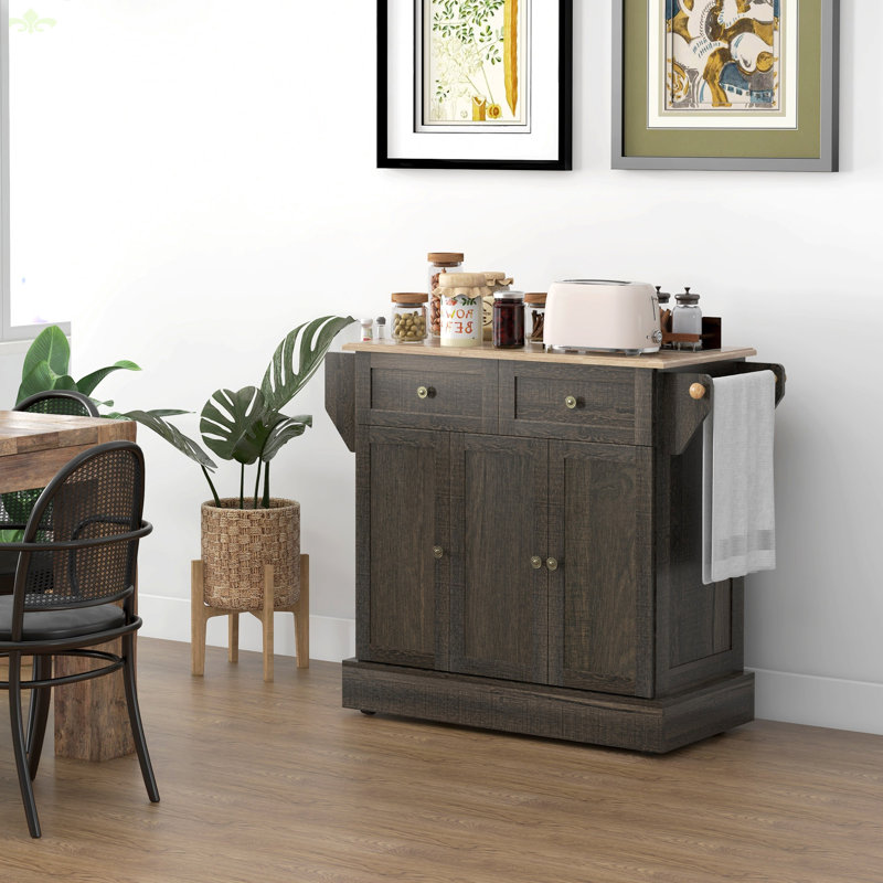 Brown Butcher Block Kitchen Cart with Triple Storage Cabinets