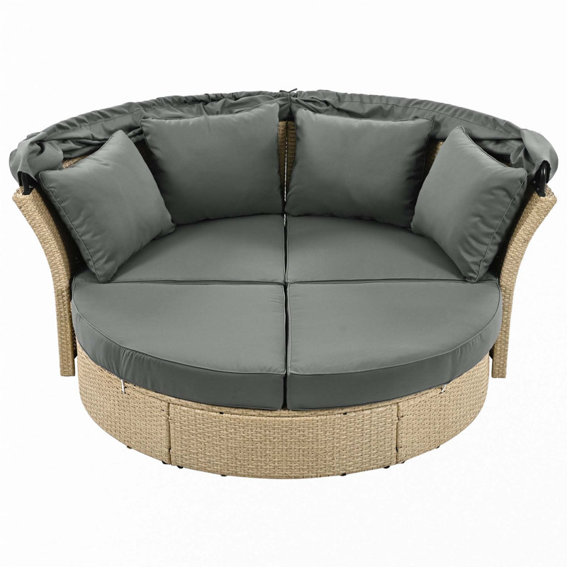 Outdoor Patio Daybed Wicker Rattan Double Daybed Round Sofa Furniture Set With Retractable Canopy, 4 Pillows, Gray