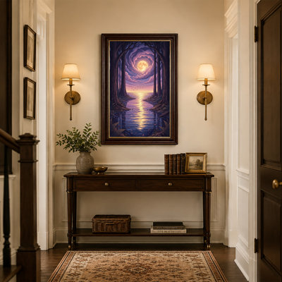 Pleine lune sur une forêt avec des nuages tourbillonnants mauves, art mural sur toile
