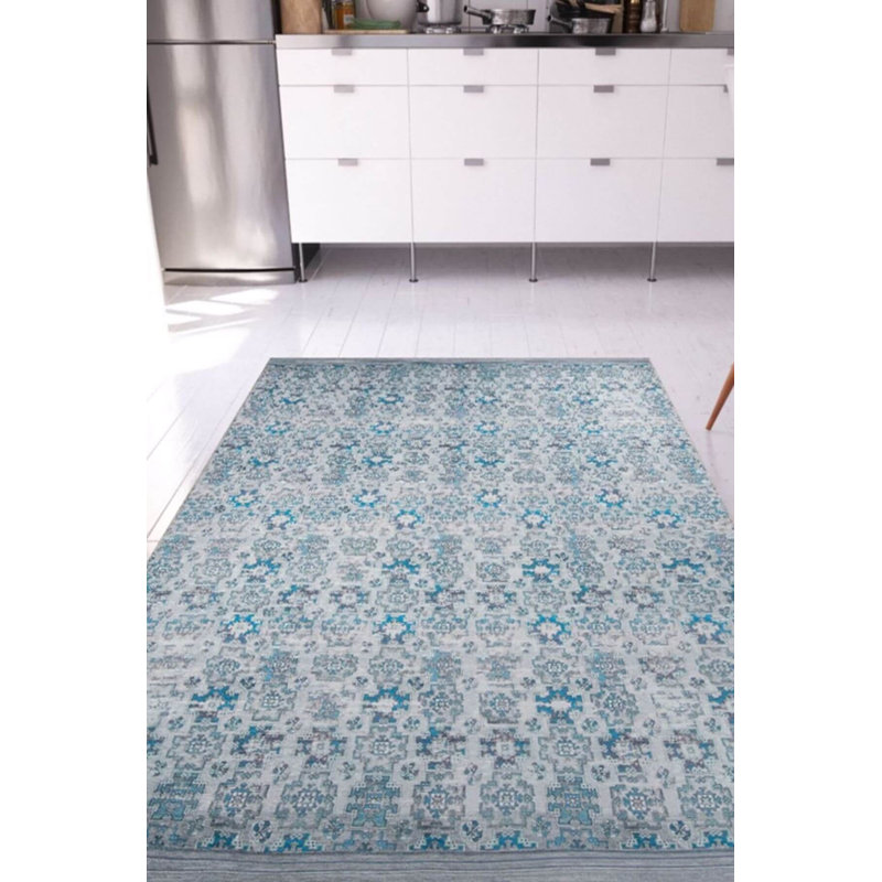 Tapis floral bleu sarcelle, Rectangle 4 pi 8 po x 6 pi 3 po