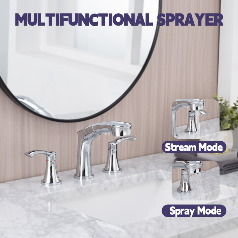 6.1" H Widespread Pull Out Sprayer 2-Handle Bathroom Faucet, Chrome