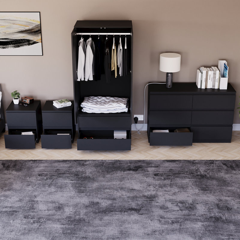 Tanino 4 Piece Bedroom Set (2 Drawer Large Bedside Chest X2, 6 Drawer Chest, 2 Door 2 Drawer Wardrobe), Black