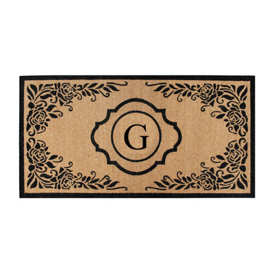 Albertina Monogram Natural Coir Door Mat with Floral Border and PVC Backing — Heavy-Duty, Anti-Shed, Easy-Clean Outdoor Entry Mat (36" x 72")