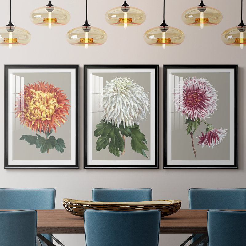 Chrysanthème sur fond gris I - Impression sur mesure encadrée de qualité supérieure - 3 pièces, H 21 po x l 30 po, Noir