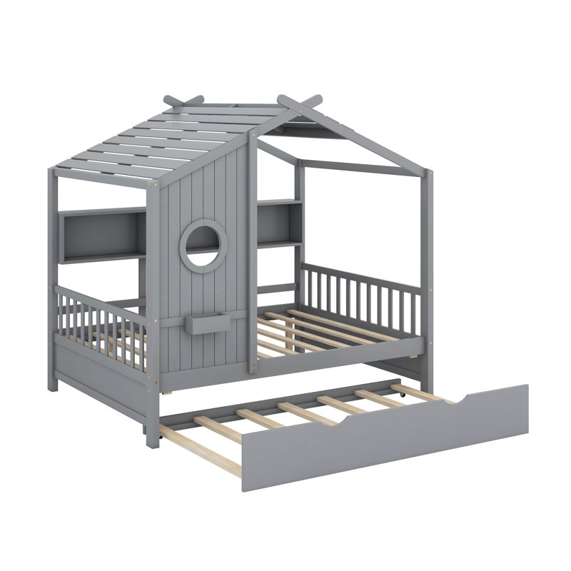 Lit double en bois avec lit gigogne et tablette de rangement, Lit double, Gris