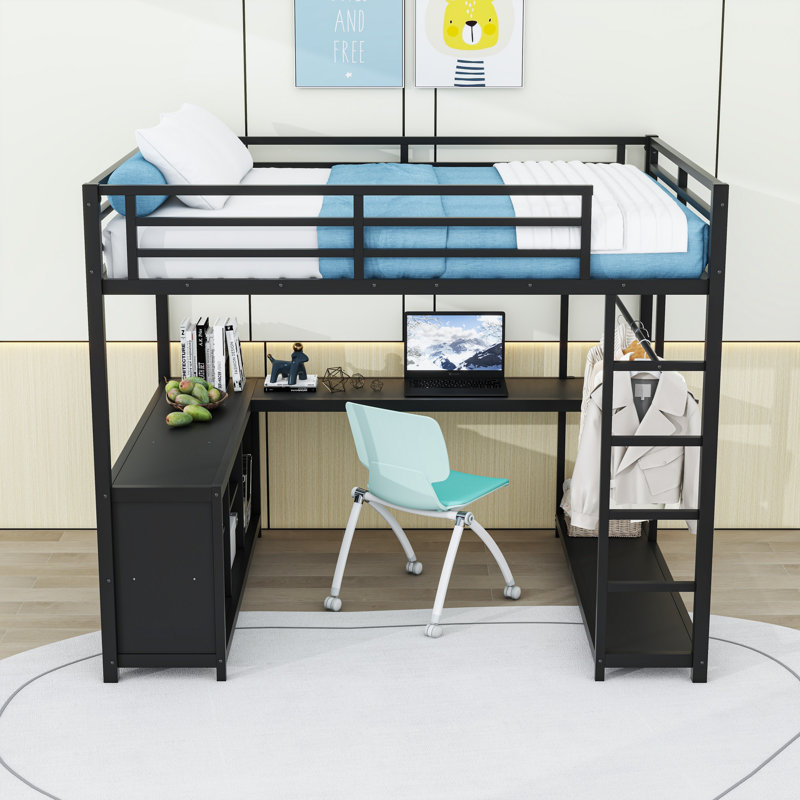 Lit mezzanine en métal avec garde-robe, bureau en L et tablettes de rangement, Grand lit, Noir