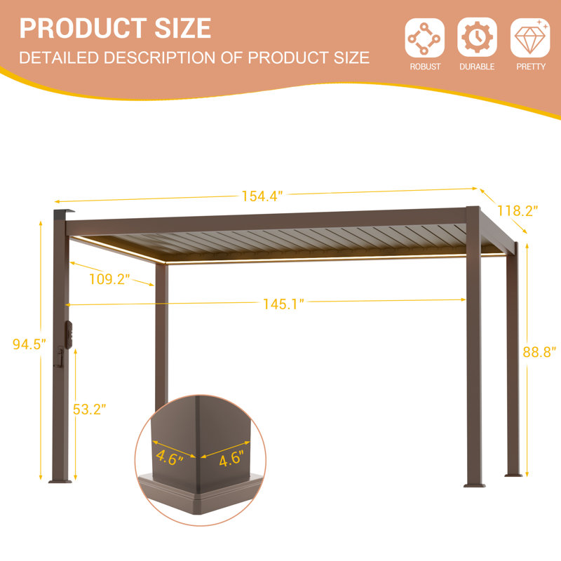 Outdoor Aluminum Pergola with Adjustable Louvered Roof and Solar LED Lights, 10 ft x 13 ft, Dark Gray