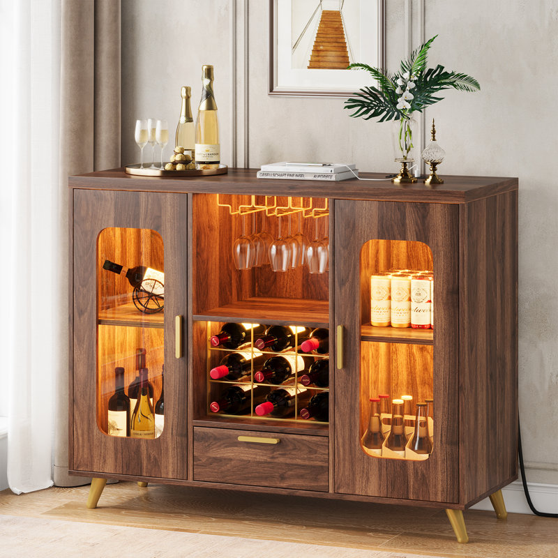 Modern Dark Walnut Bar Cabinet with LED Light, Wine Storage Cabinet with Glass Holder, Built-In Power Outlet & USB Ports, Acrylic Door Display, 39.37" Home Coffee Bar Sideboard