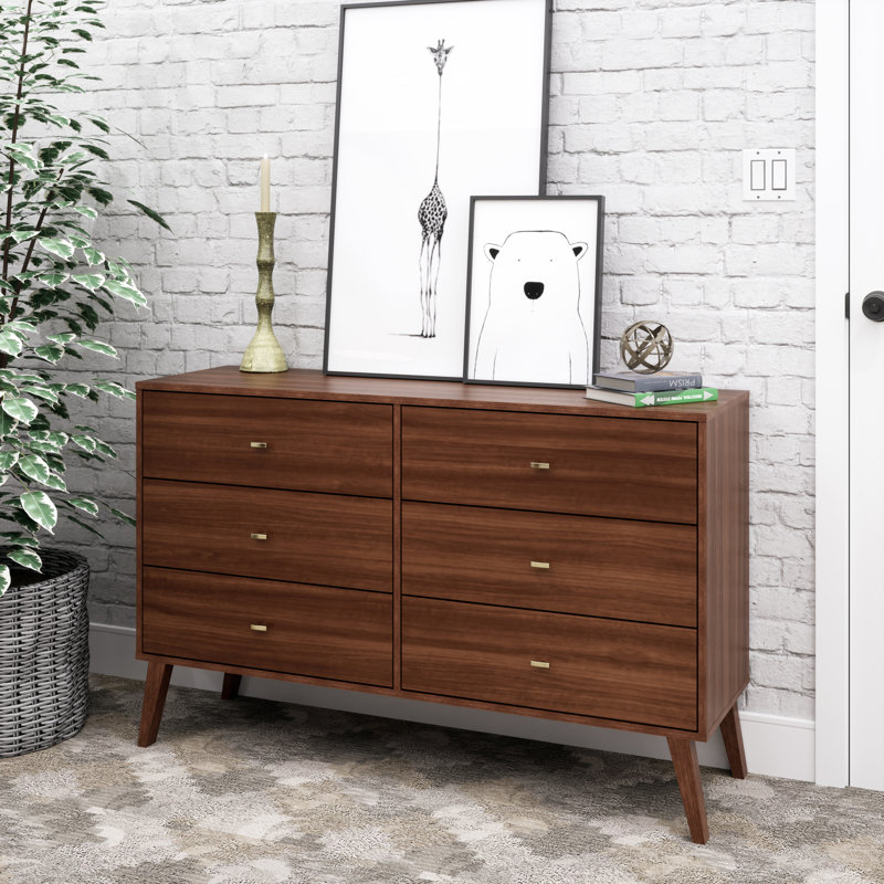 Commode double 6 tiroirs Breux pour chambre à coucher, commode large Mid-Century, Cerisier