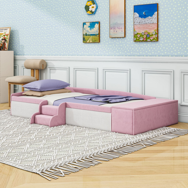 Upholstered Daybed with Gas Lift Storage Ottoman, Pink White, Twin
