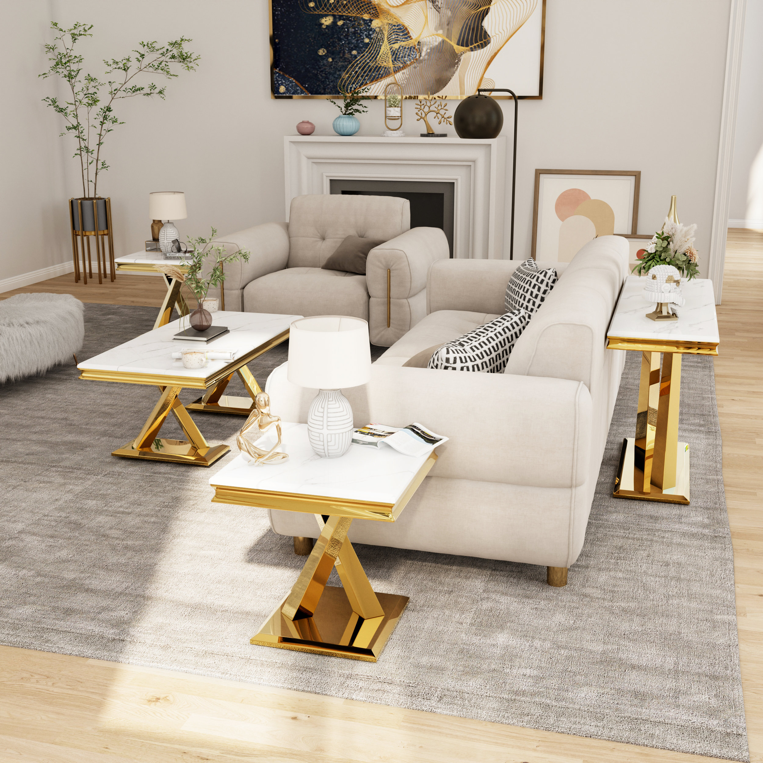 Lamerge 3 Pieces Living Room Table Set, Industrial Coffee Table