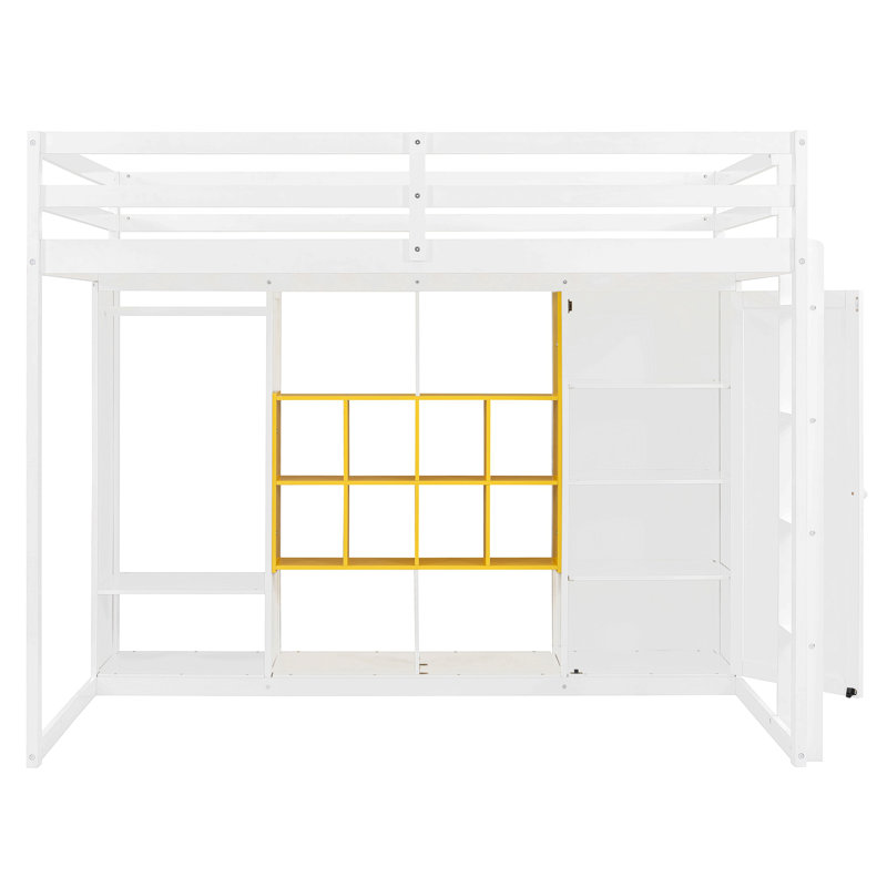 Lit mezzanine en bois avec garde-robe, tablettes et armoire, Lit double, Jaune; Blanc