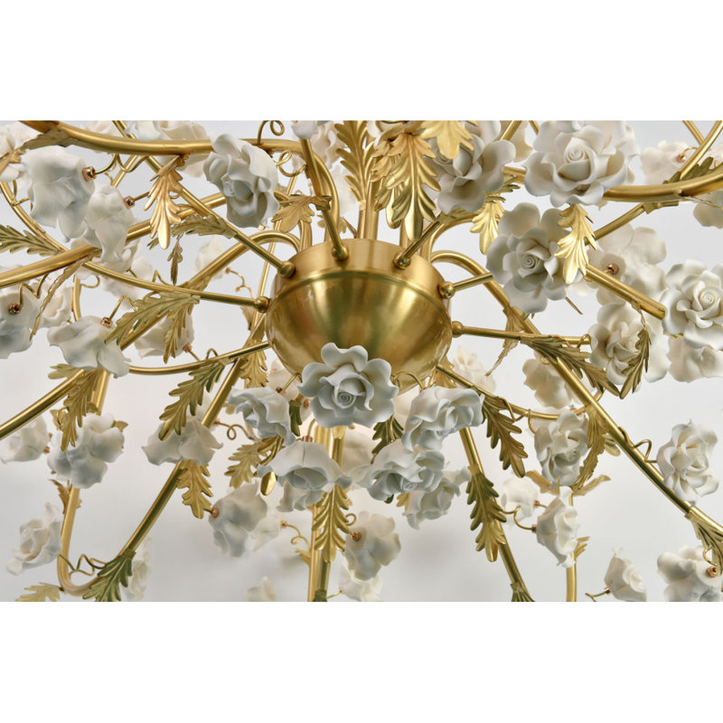 Lustre fleur en porcelaine clair, Or antique, H 43 po x l 50 po x P 50 po, Rose