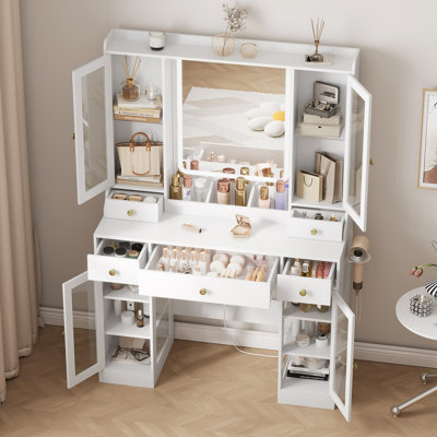 Vanity Desk with Lighted Mirror, RGB Glass Cabinet & Glass Top, White Makeup Dressing Table with 3 Drawers and 3 Color Modes for Bedroom by Ivy Bronx