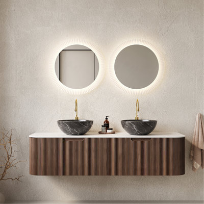 Meuble-lavabo de 60 po avec lavabo et lavabos 60 po, 2 tiroirs, 2 cuves en céramique et un plateau en pierre frittée blanche, noyer foncé pré-assemblé