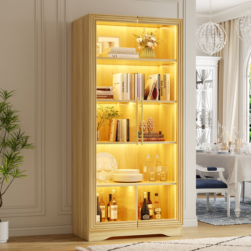 65" 5-Tier Office Storage Cabinet, Glass Display Cabinet With Three-Color Led Strip And Sensor, Oak