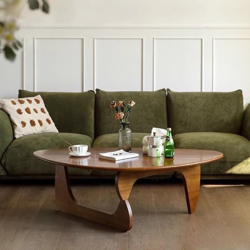  Table basse irrégulière avec plateau en verre et base en bois massif, Walnut