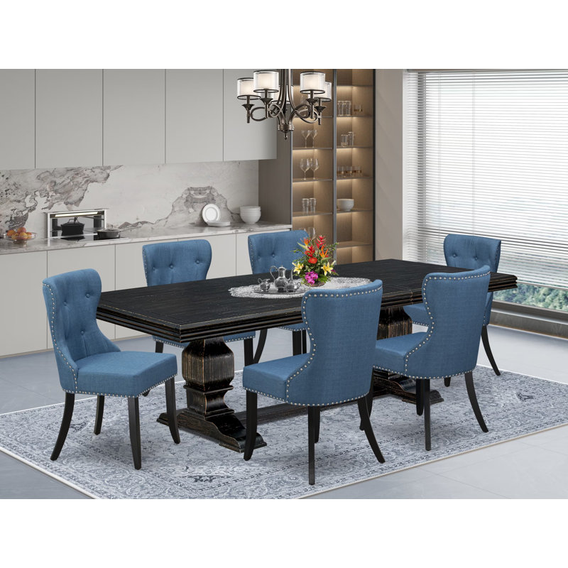 Ensemble de table de salle à manger 7 pièces composé d'une table de salle à manger et de 6 chaises rembourrées en tissu de lin bleu avec dossier capitonné - Finition sable