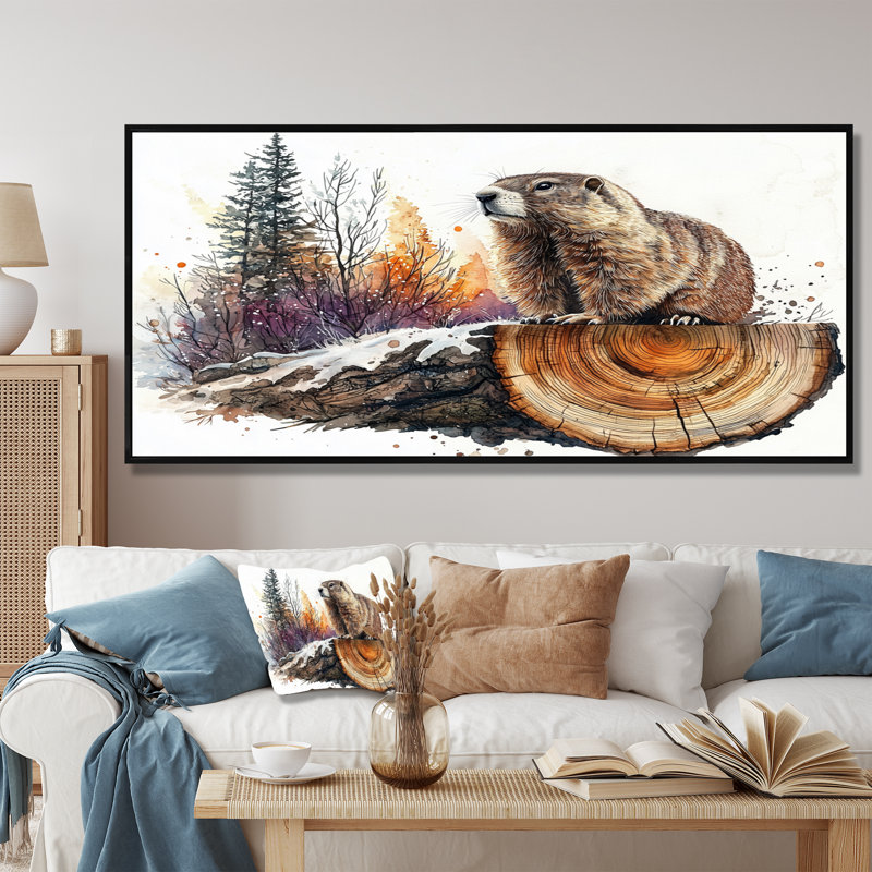 «Forest Marmot Animal In Winter Landscape III» - art sur toile marmotte, Noir, H 28 po x l 60 po, Cadre flottant