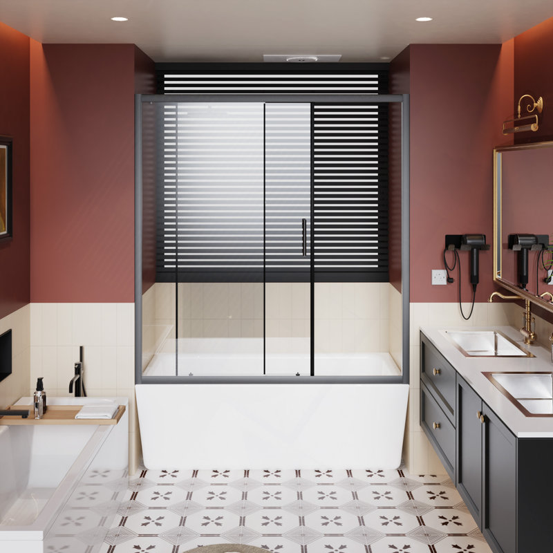 Single Sliding Shower Door For Bathtub, 1/5" Thick Clear Tempered Glass Shower Door With Stainless Steel Handle, Matt Black