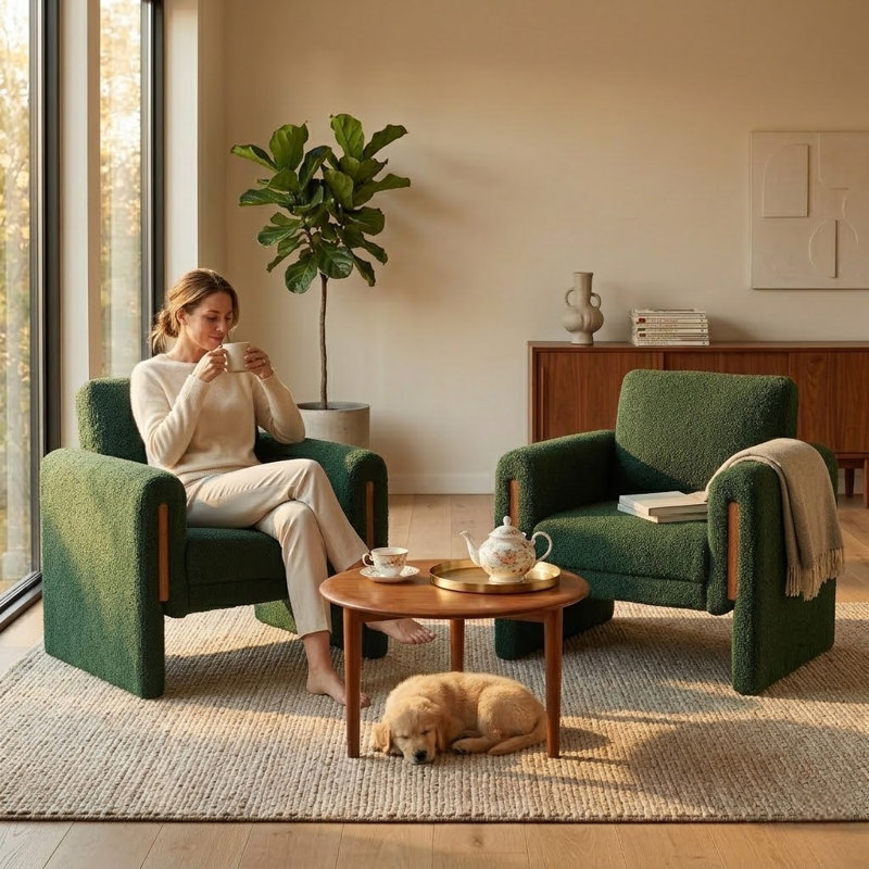 35" Wide Modern Bouclé Upholstered Armchair With Track Arms And Enclosed Base(Set Of 2), Green