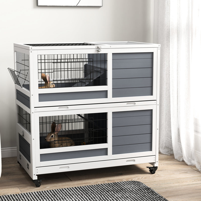 Cage intérieure à 2 lapins avec construction - roulettes en bois grises, auge, plateaux amovibles, rampes et toit ouvrant pour 1-2 maisons de cochon d'Inde avec roues flexibles pour petits animaux de compagnie, comprenant une partie