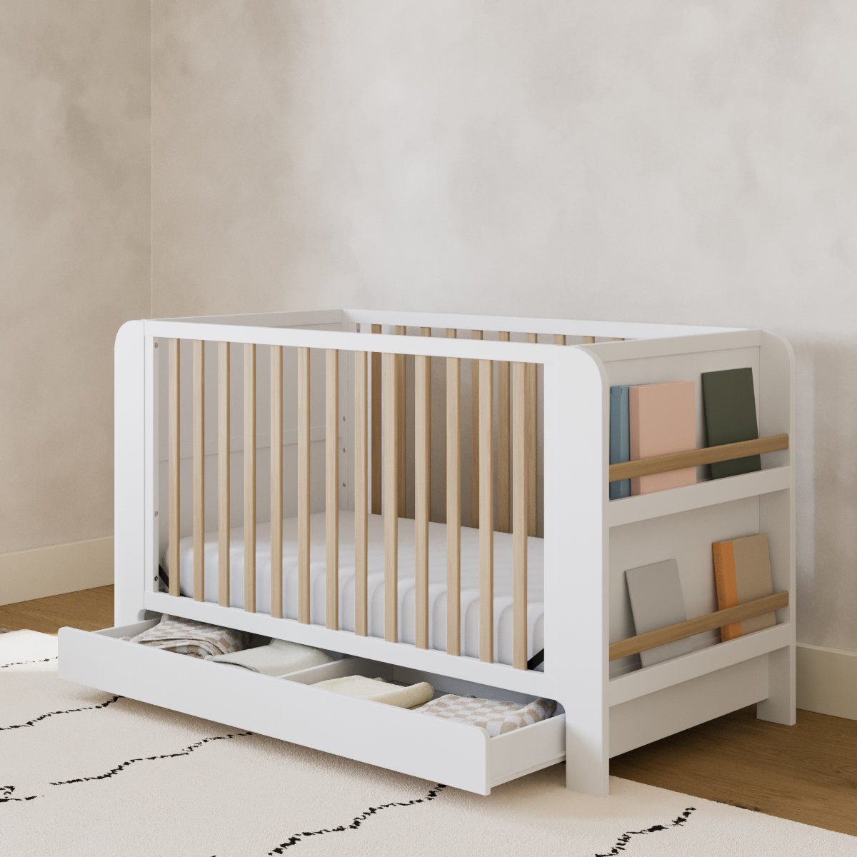 Read-with-Me Pine 4-in-1 Convertible Crib, White/Driftwood, Crib + Mattress + Protector