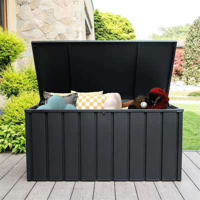 Boîte de rangement imperméable pour terrasse - 150 gallons, verrouillable, gallon gris foncé pour le patio imperméable, peut contenir des accessoires de piscine