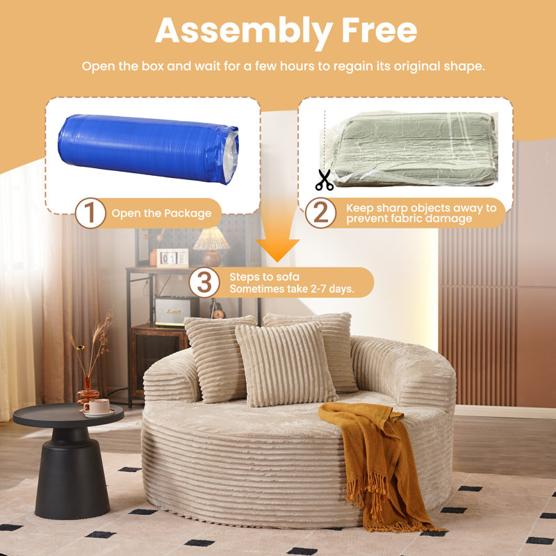 2-Piece 58.3" Wide Oversized Round Chaise And Armless Bean Bag Chair Set, Plush Lounge Seating, No Assembly Required, Beige