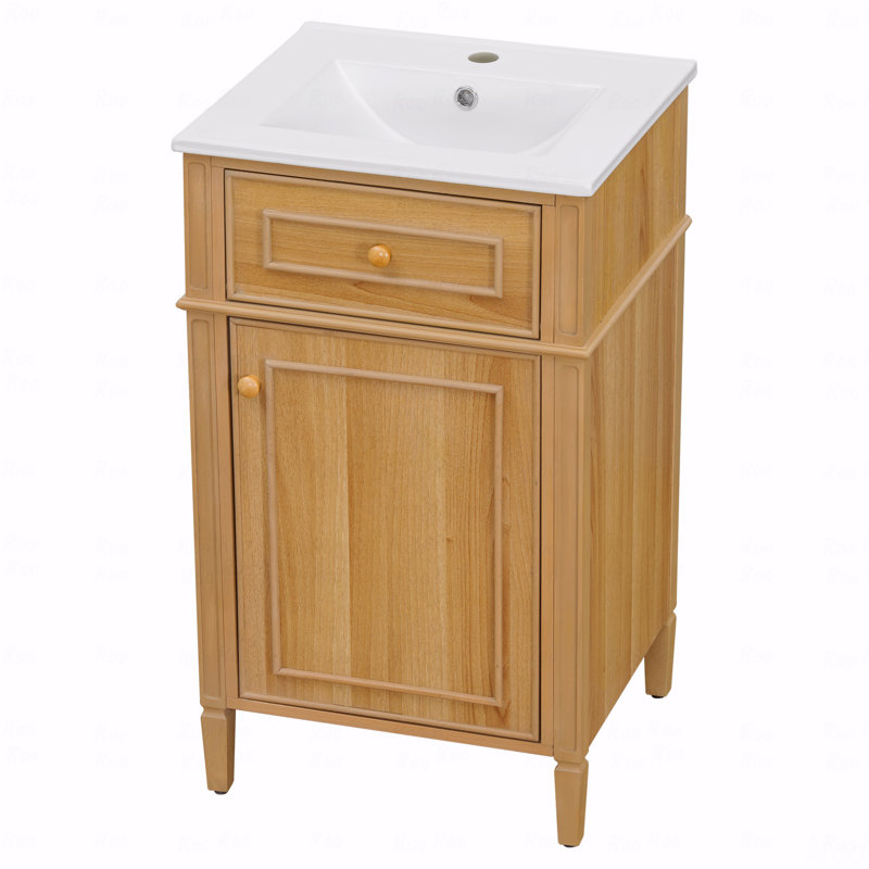 Meuble-lavabo en bois 20 po avec lavabo, pieds en bois massif, tablette réglable, tiroir inclinable, poignées en bois, armoire autoportante moderne