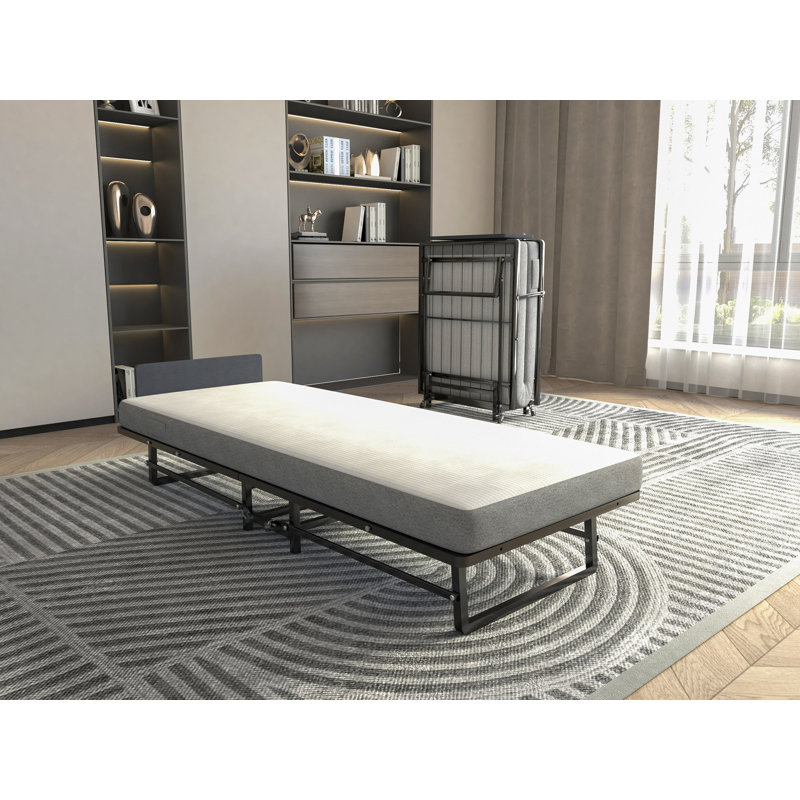 Structure de lit pliante en métal avec matelas en mousse avec poches, rangement facile et mobile avec 4 roulettes