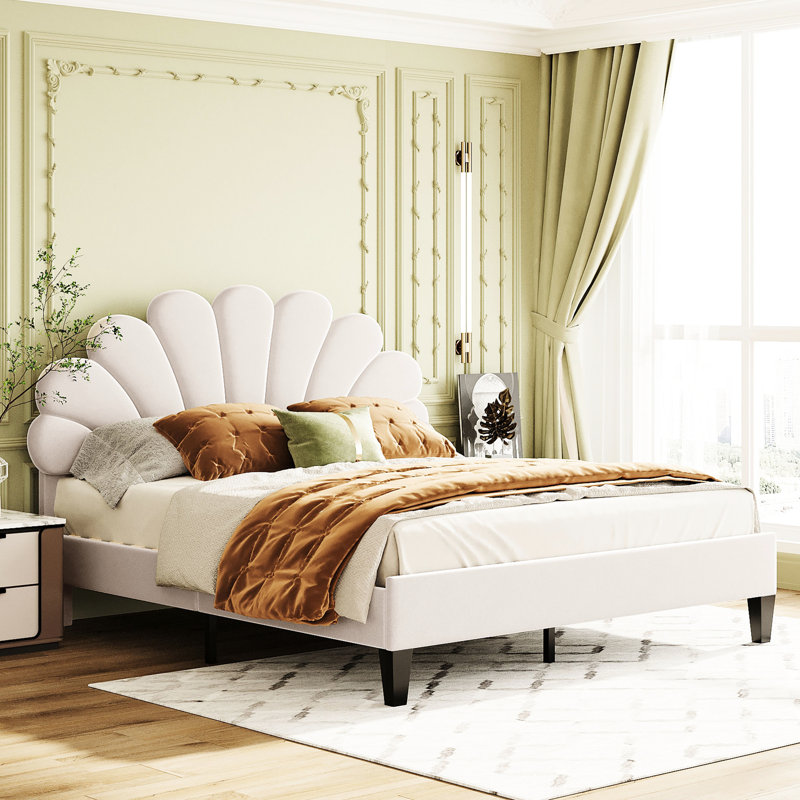 Queen Size Platform Bed With Beige Velvet Fancy Pattern Headboard Upholstered Decorative In Beige,, Queen, Beige