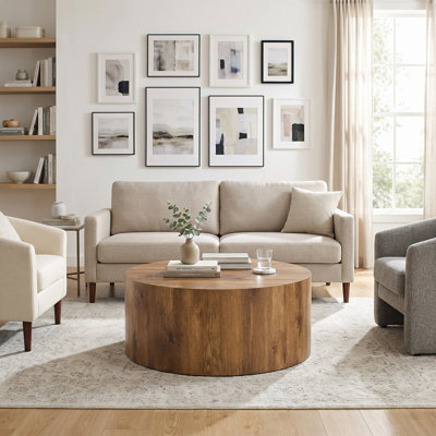 23.6 Inch Round Low Profile Cylindrical MDF Coffee Table with Wood Print Veneer & Anti-Slip Rubber Foot Pads for Small Living Room Apartment Foyer
