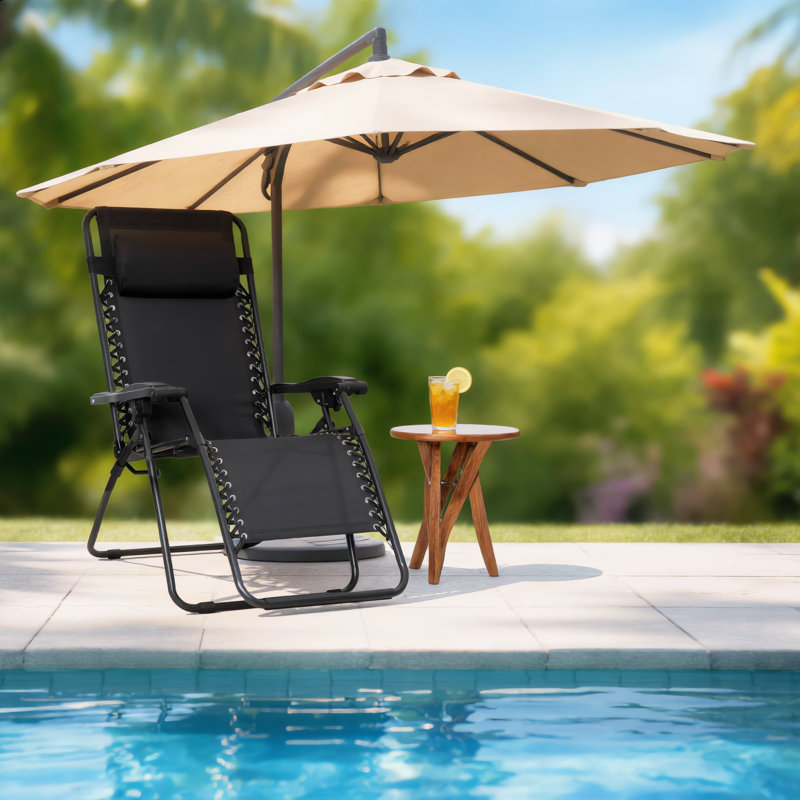 Chaise pliante simple noire pour l'extérieur avec rangement rembourré et appui-tête rembourré, Black