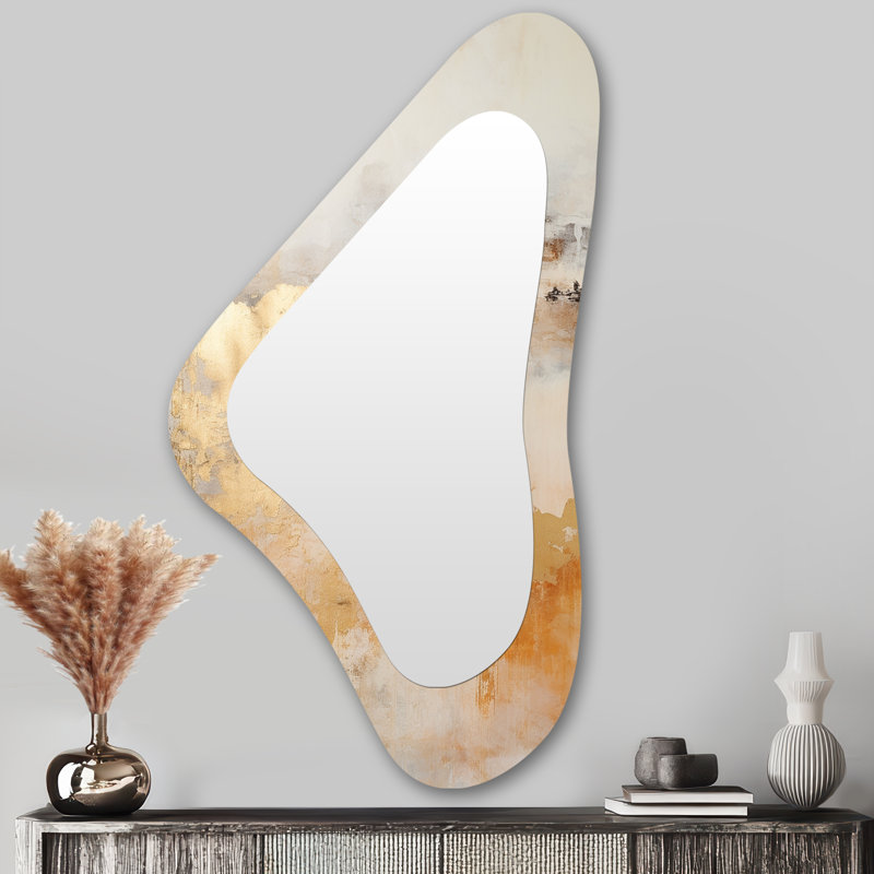 Grand miroir mural asymétrique moderne en marbre doré et blanc River III