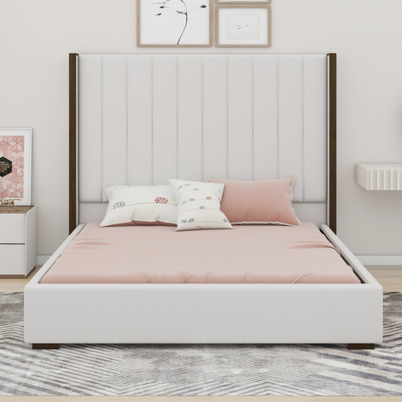 Tall Headboard Upholstered Bed With Vertical Striped And Wingback Design