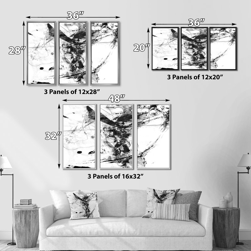 «Abstract Black Stain», ensemble de 3 reproductions d'art encadrées sur toile abstraites, H 28 po x l 36 po x P 1 po