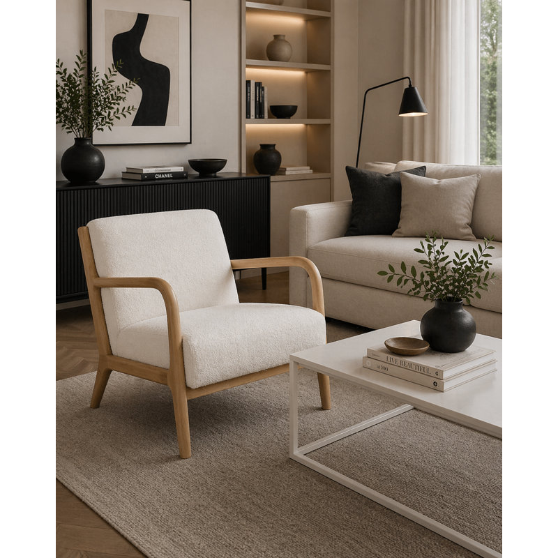 Chaise avec accoudoirs l 26 po Arli - Chaise longue NEMA - Chaise d'appoint en bois de chêne blanc naturel avec revêtement blanc bouclé, fauteuil scandinave moderne pour le salon, la chambre à coucher et les bureaux